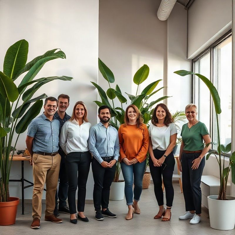 Retrato de grupo da equipe da Alphauvivid em escritório iluminado em Salvador