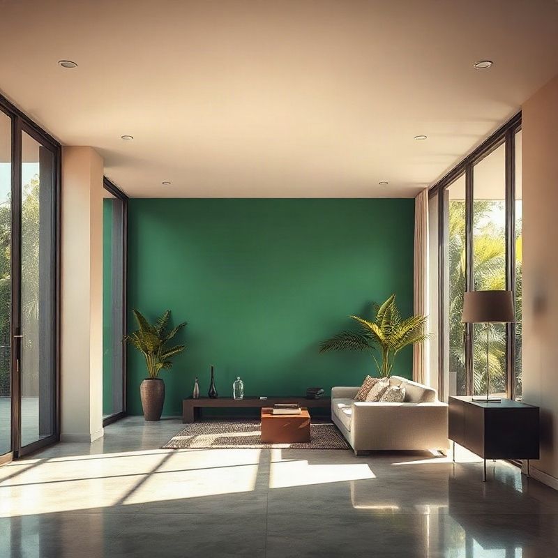 Interior contemporâneo de apartamento em Salvador com parede em tom esmeralda e vegetação tropical vista pela janela