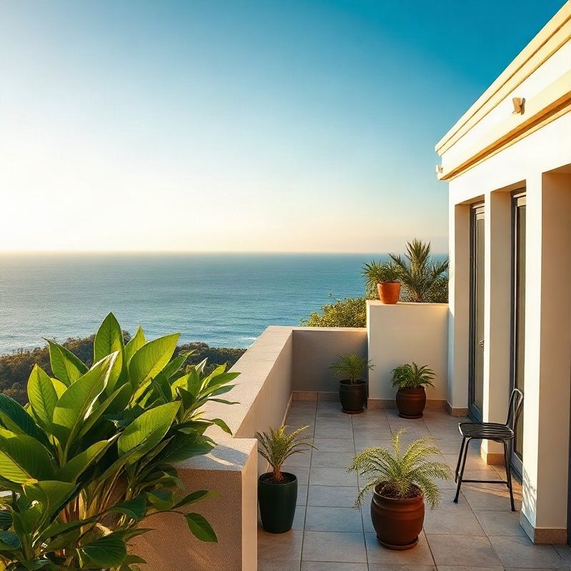 Terraço de cobertura na Barra com plantas em vasos e vista para o oceano Atlântico