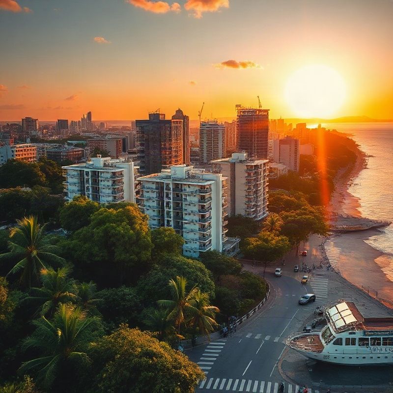 Vista aérea do skyline de Salvador ao entardecer com vegetação tropical em primeiro plano